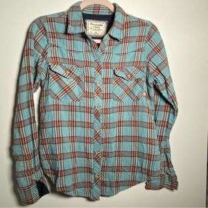 Y2K Abercrombie & Fitch Teal and Brown Plaid Shirt Contrasting Lining Vintage M